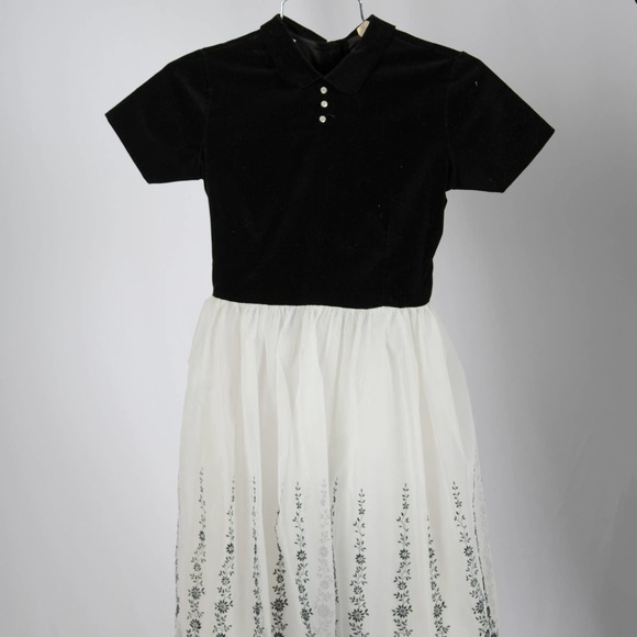 50s B&W Flocked Border Print Kid's Dress | Size 12 | VTG - Picture 1 of 5